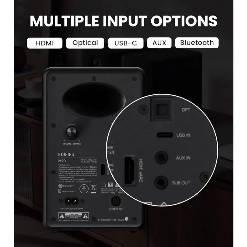 Edifier M90, 100W, HDMI eARC, Optical, Type-C, AUX, Bluetooth, Compact Active Speaker, Black