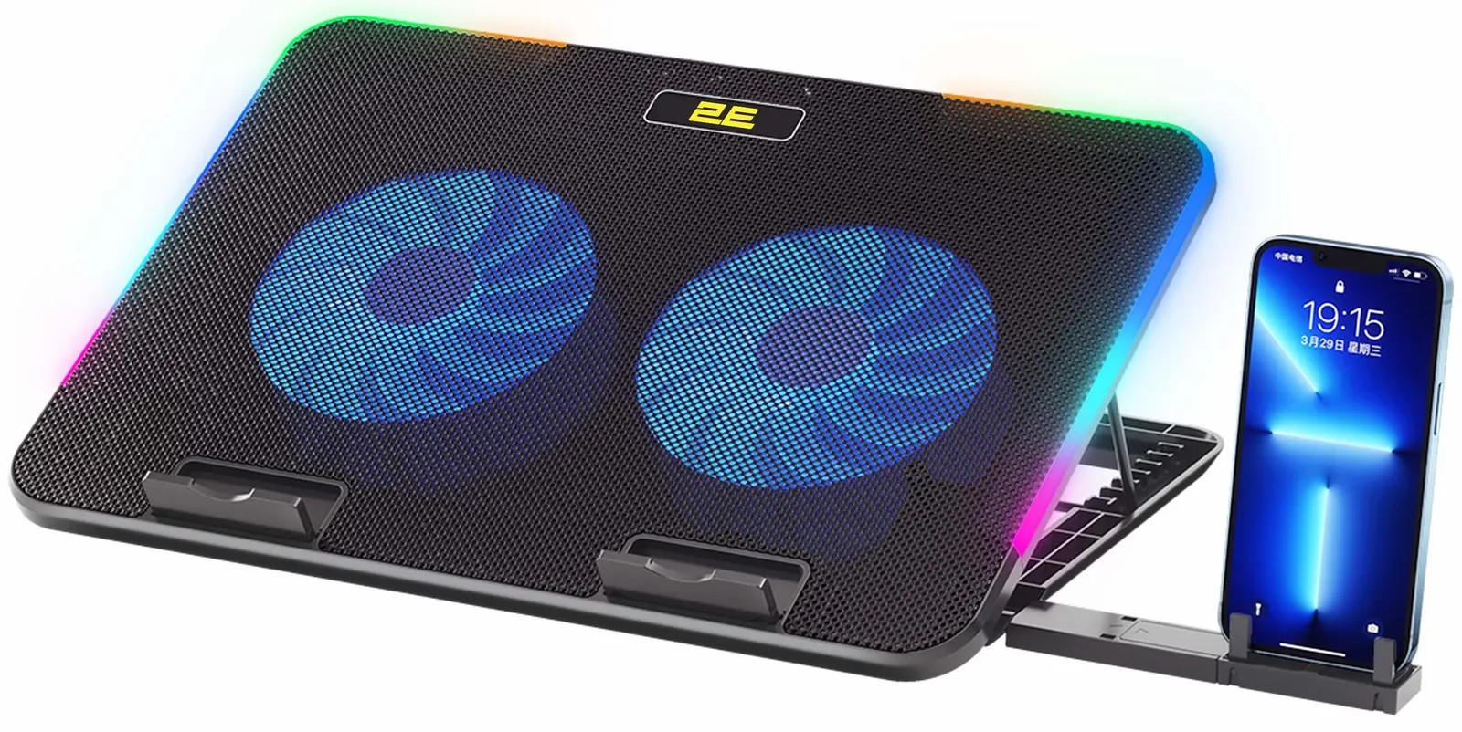 ნოუთბუქის ქულერი 2E GAMING Laptop Stand CPG-001 V2, up to 15.6", 2xUSB-A, phone holder, RGB, black