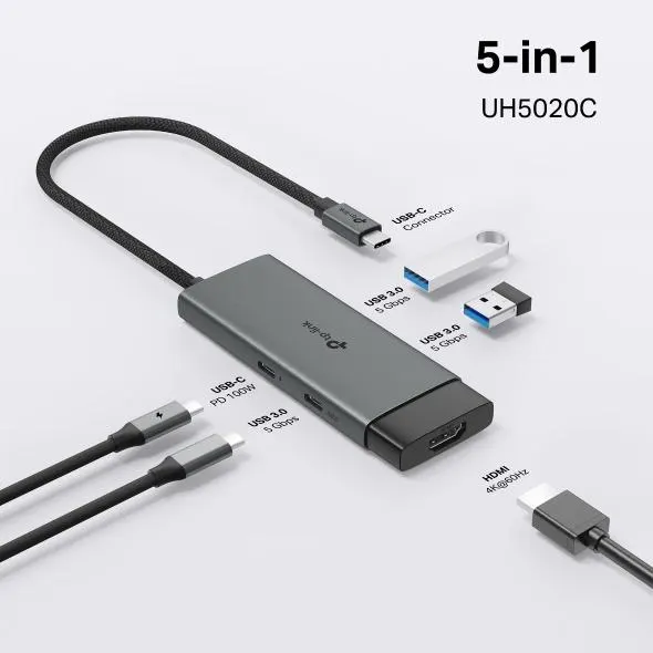 UH5020C, TPLINK, Type C Adapter, USB Type-C 5 in 1 Hub, 4K@60Hz HDMI, 100W PD, 1× USB-C Data Port, 2× USB-A Data Ports.