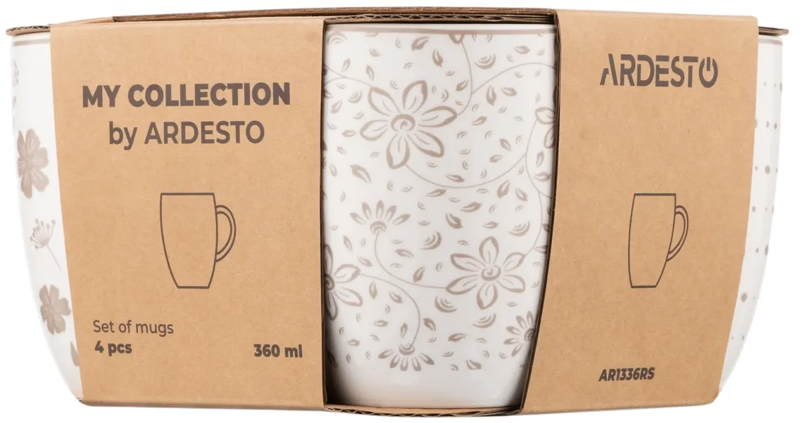 კათხა Set of mugs ARDESTO Ravenna 4pcs, 360ml, porcelain, white-beige
