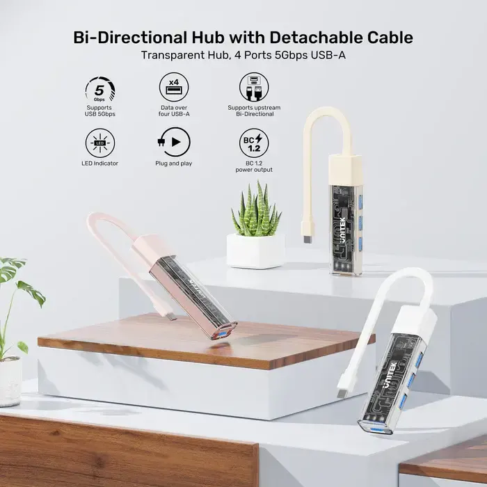 H1319AWH01, UNITEK, USB HUB, Bi-Directional Hub(with Detachable Cable), USB-C/USB-A 5Gb Hub (4*USB-A).