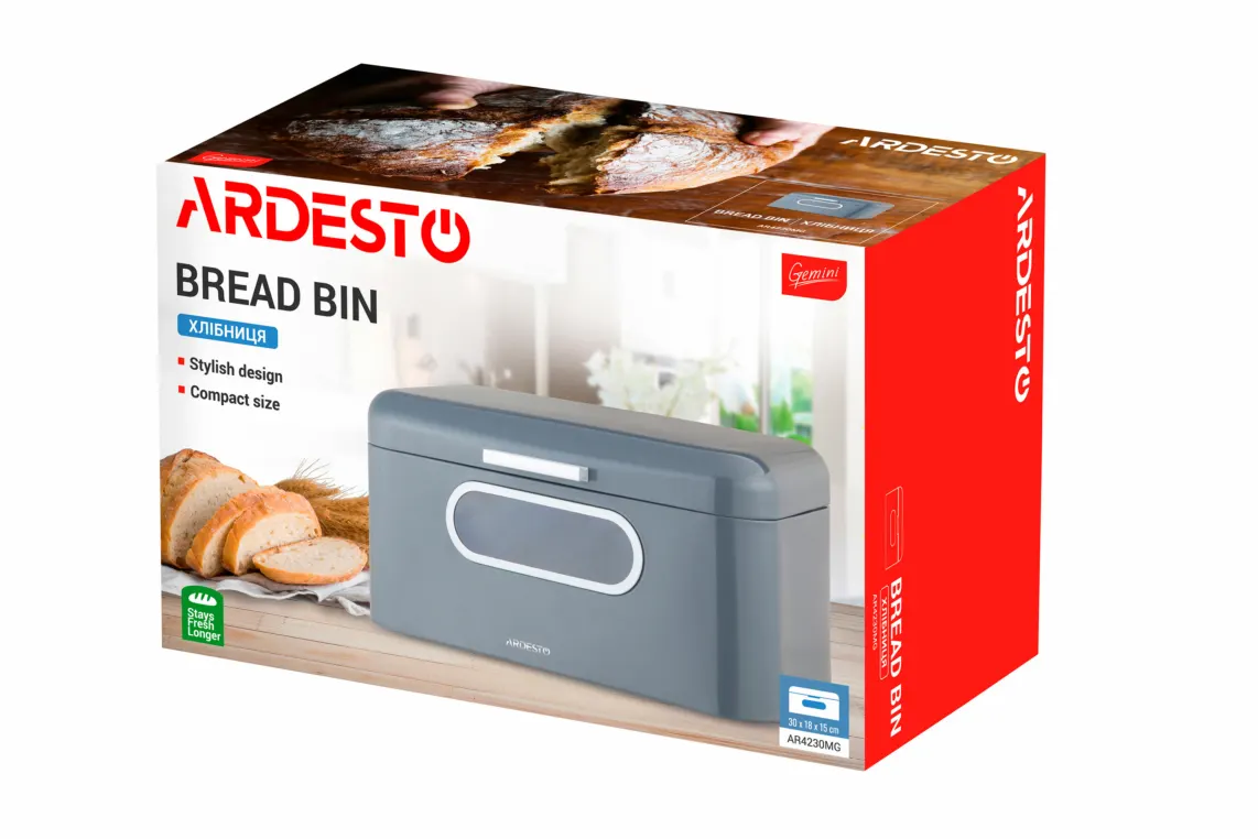 პურის ყუთი Ardesto Bread bin Gemini, 30x18x15cm, metal, grey