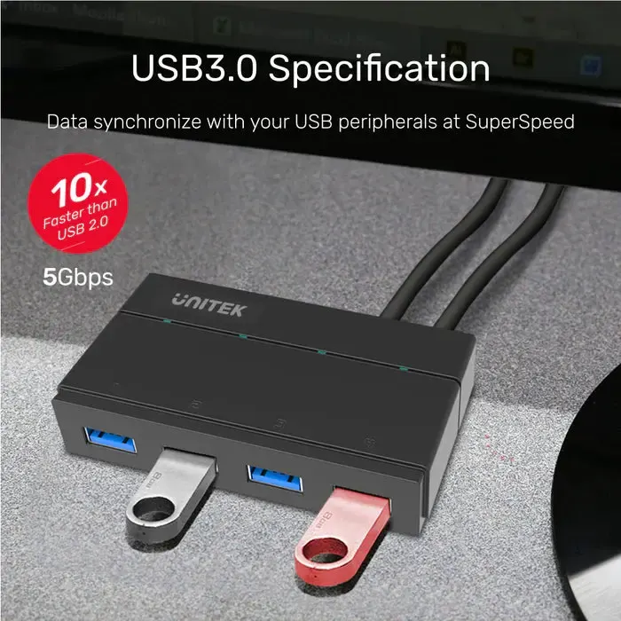 Y-HB03001, UNITEK 4-in-1 USB3.0 4-Port Hub with Charging Function, 12V2A Power Adapter, Black