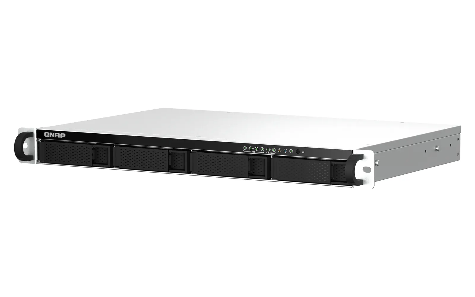 4-bay 1U short depth 12" rackmount NAS, Intel Celeron N5105/N5095 quad-core, burst up to 2.9 GHz; 4GB RAM (2 x SODIMM slots, max 16GB total); 4 x