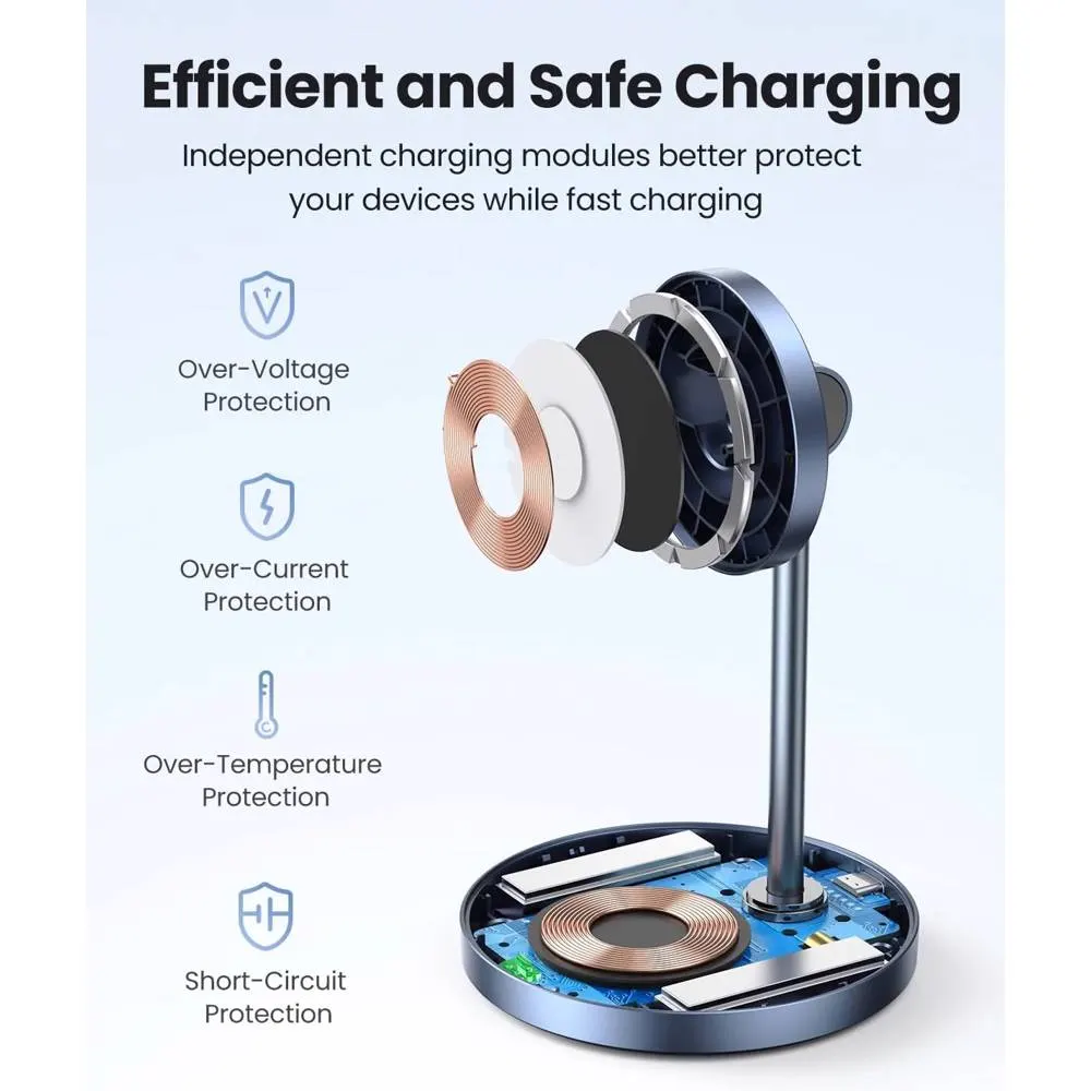 უსადენო დამტენი UGREEN CD317 (90668), 2-in-1 MagSafe Magnetic Wireless Charger, Black/Blue