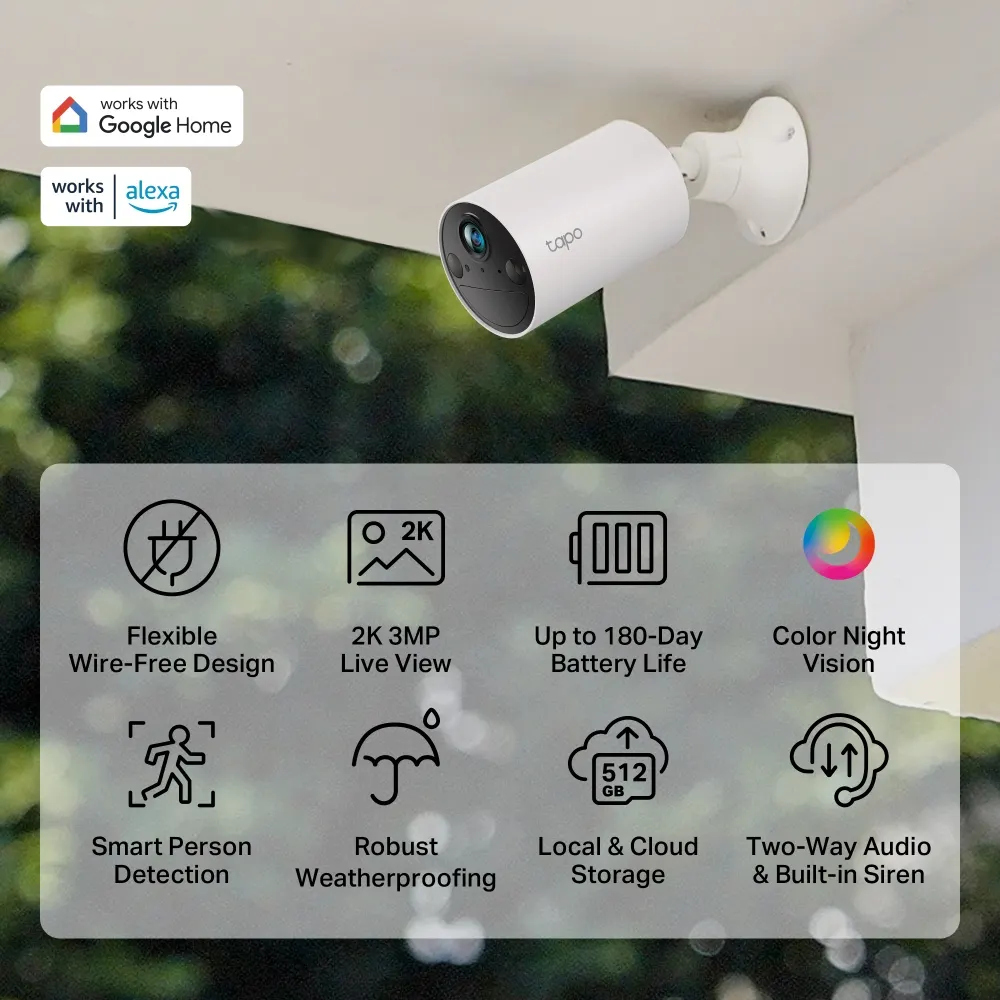 TP-Link Tapo C410 Wire-Free Security Camera - 2304 × 1296 (2K), Wi-Fi, 125° Viewing Angle, Up to 180-Day Battery Life, Solar Power Compatibility