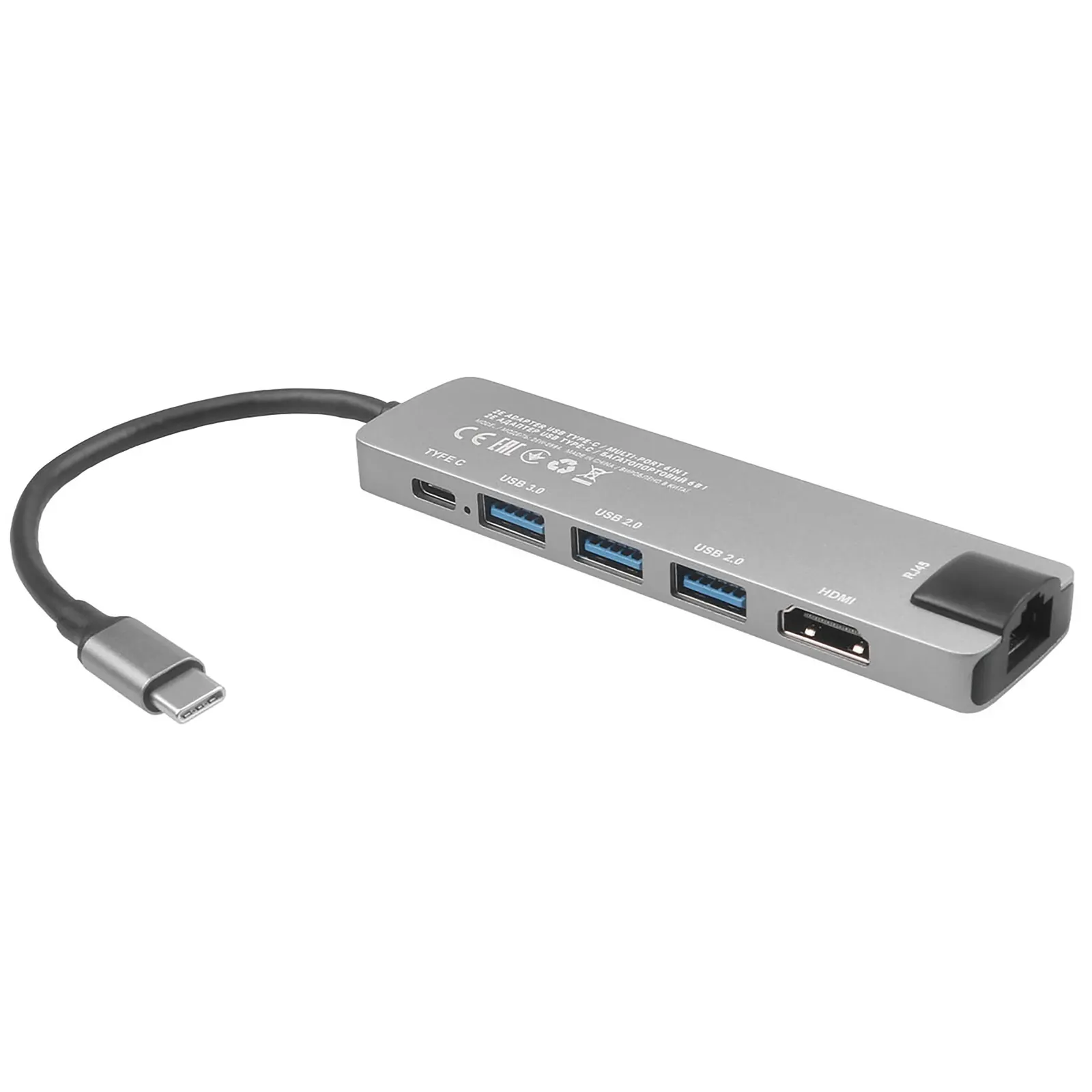 Type-C ჰაბი 2E Hub USB-C > 2xUSB-A 2.0/USB-A 3.0/USB-C PD/HDMI/Ethernet, 0.15m, silver