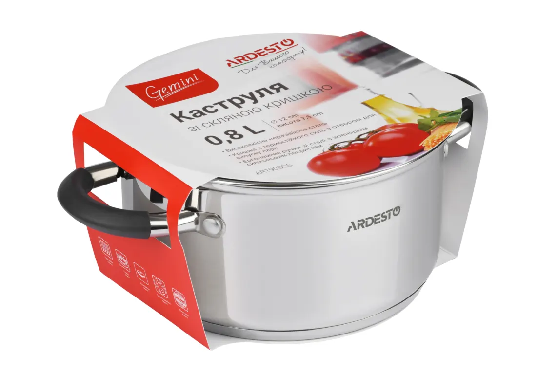 Ardesto Casserole with glass lid Gemini Salerno, 0.8l, stainless steel, silicone