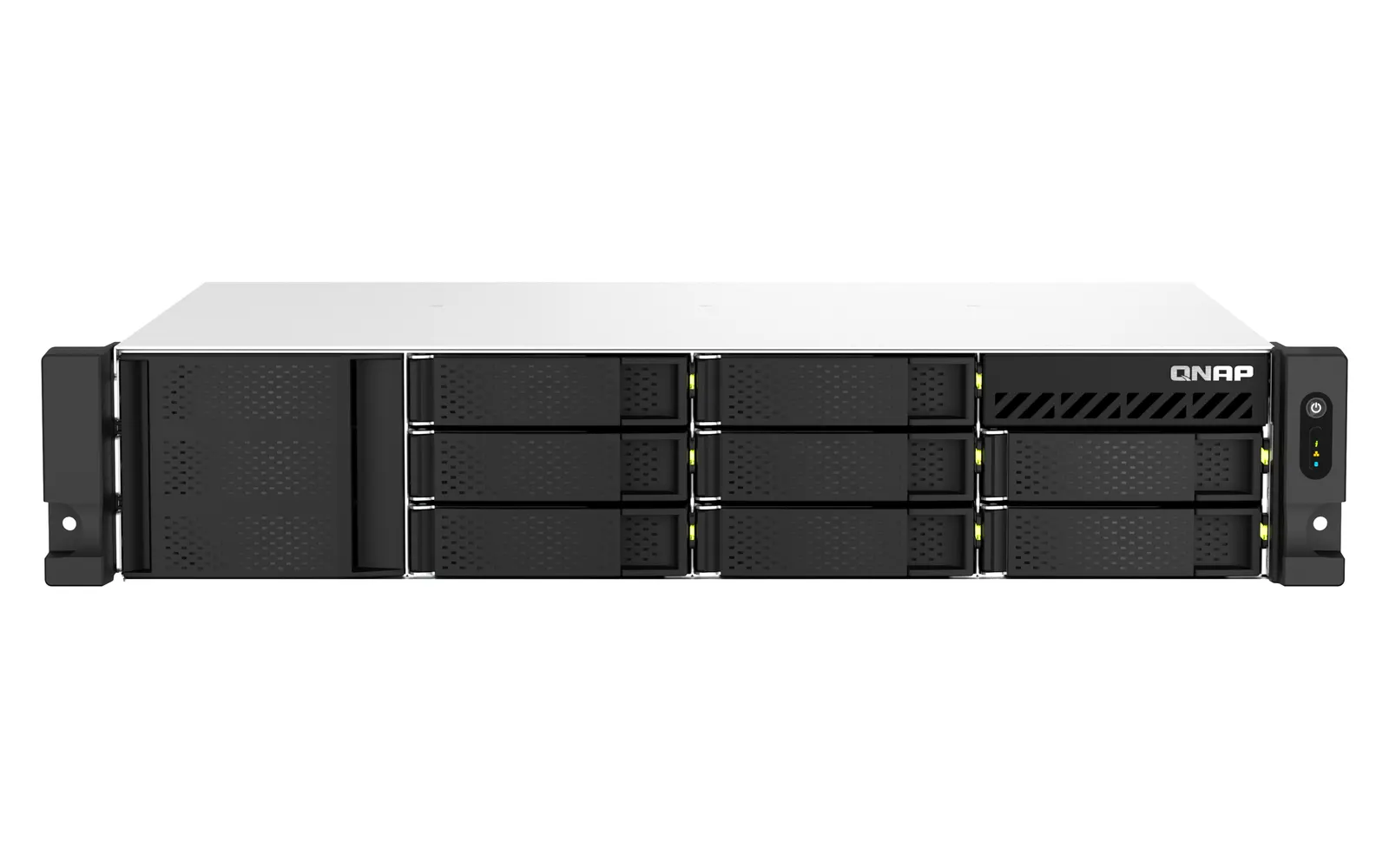 8-bay 2U short depth 12" rackmount NAS, Intel Celeron N5095 quad-core, 8 GB onboard not expandable, 8 x 3.5"/2.5" SATA 6Gb/s drive bays, 2 x 2.5GbE
