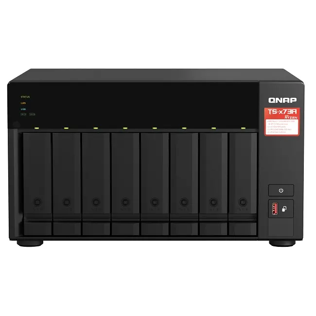 8-bay NAS, AMD Ryzen V1000 series V1500B 4C/8T 2.2GHz, 8GB DDR4 RAM (2 x SODIMM slots, max. 64GB, optional ECC RAM support), 8x SATA 6Gb/s bays, 2x M.