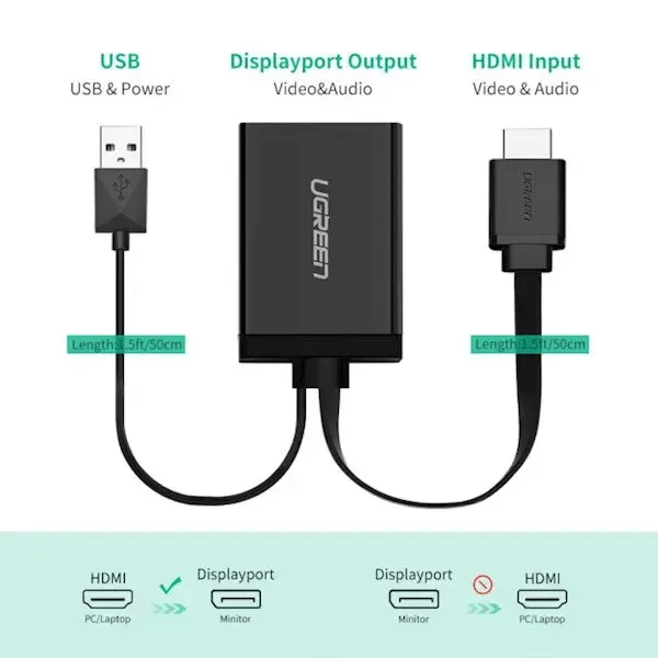MM107 UGREEN HDMI to DP Converter 0.5m (Black) + USB for power 40238