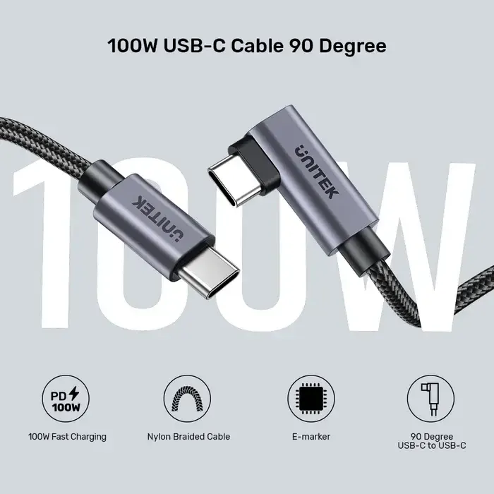 C14123BK-3M, UNITEK, 3M, 90° L-Shape USB-C Male to Male PD 100W Charging Cable