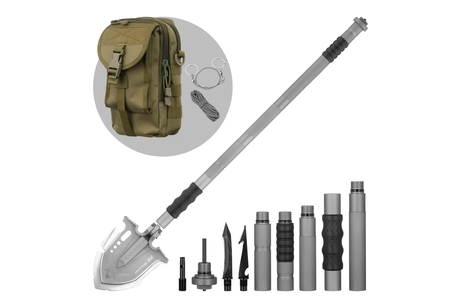 2E Multitool tactical shovel Mahura Steel Gray collapsible, 23 in 1, with bag included, 107 cm max., 1.5 kg