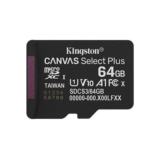 SDCS3/64GBSP, KINGSTON, Memory Card, 64GB microSDXC Canvas Select Plus Gen3 100MB/s A1.