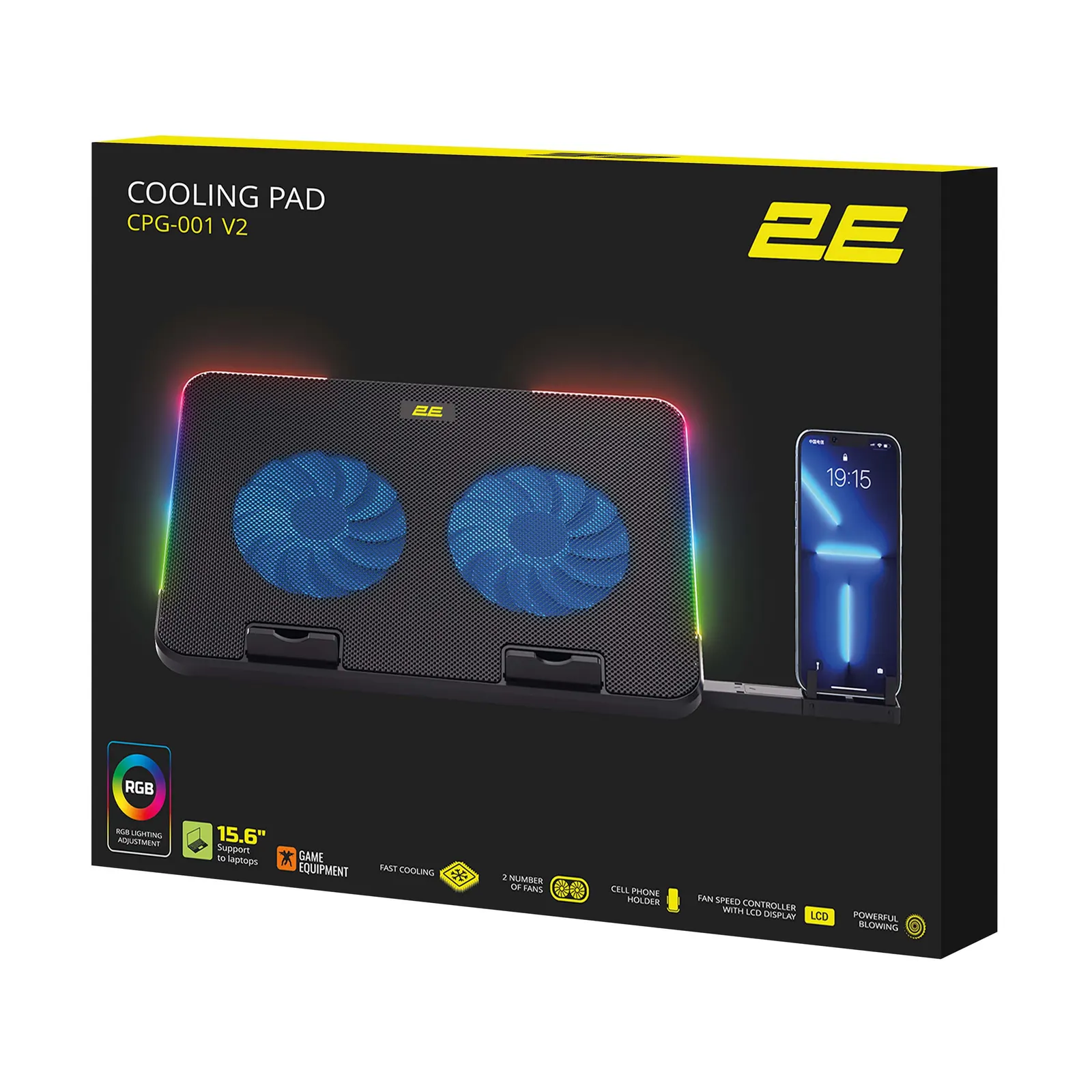 ნოუთბუქის ქულერი 2E GAMING Laptop Stand CPG-001 V2, up to 15.6", 2xUSB-A, phone holder, RGB, black