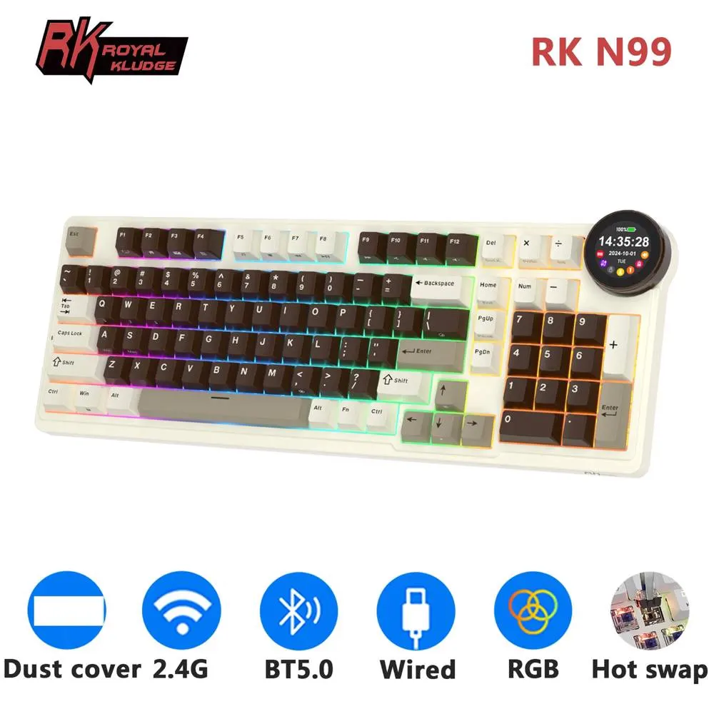 კლავიატურა Royal Kludge RK N99 RGB Mechanical Keyboard, Violet Switch, Hot Swappable, Wireless, USB, Bluetooth, 2.4GHz, Mocha Grey