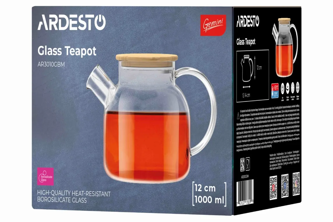 Ardesto Teapot Gemini 1000ml, borosilicate glass, bamboo, transparent