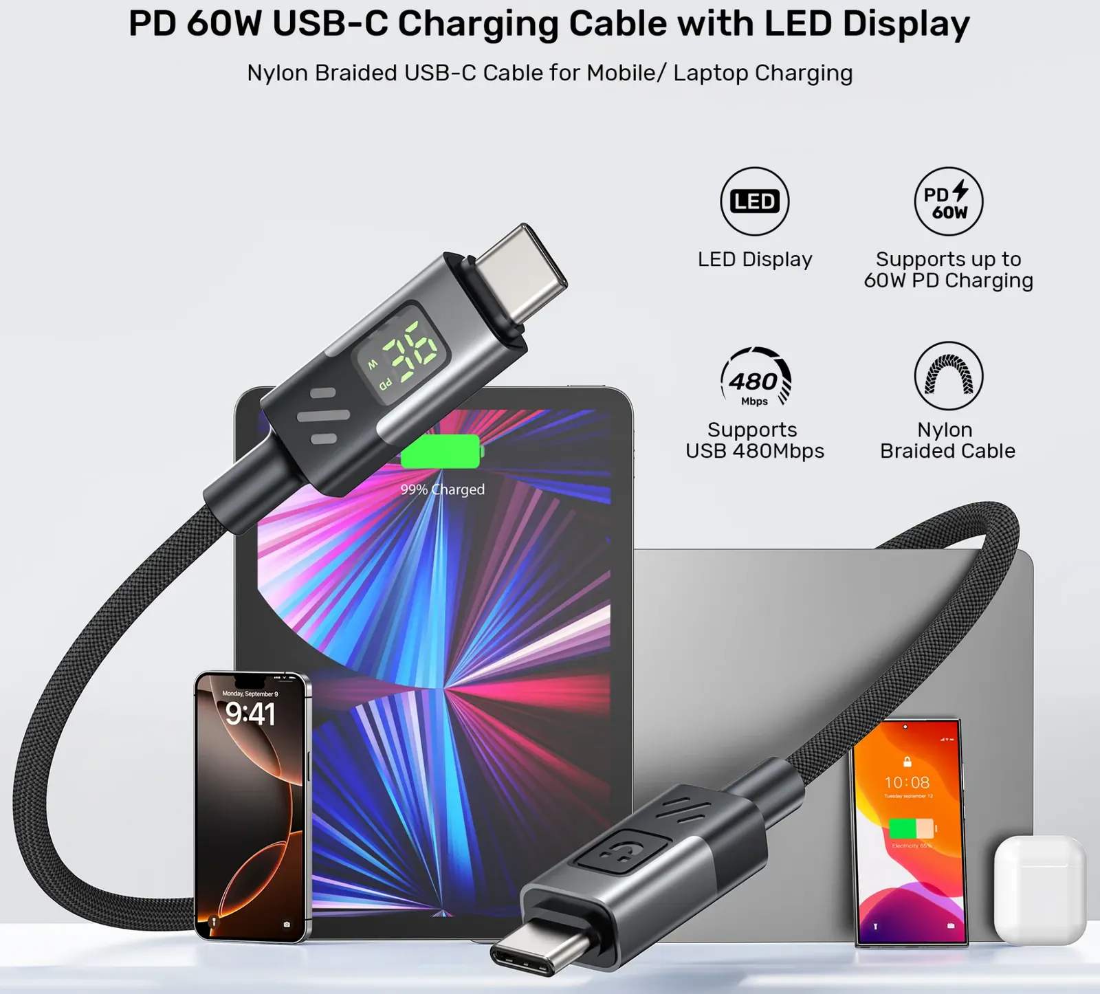 C14158ABK01-1M, UNITEK, BLACK 2M USB-C PD 60w charging cable with LED Display