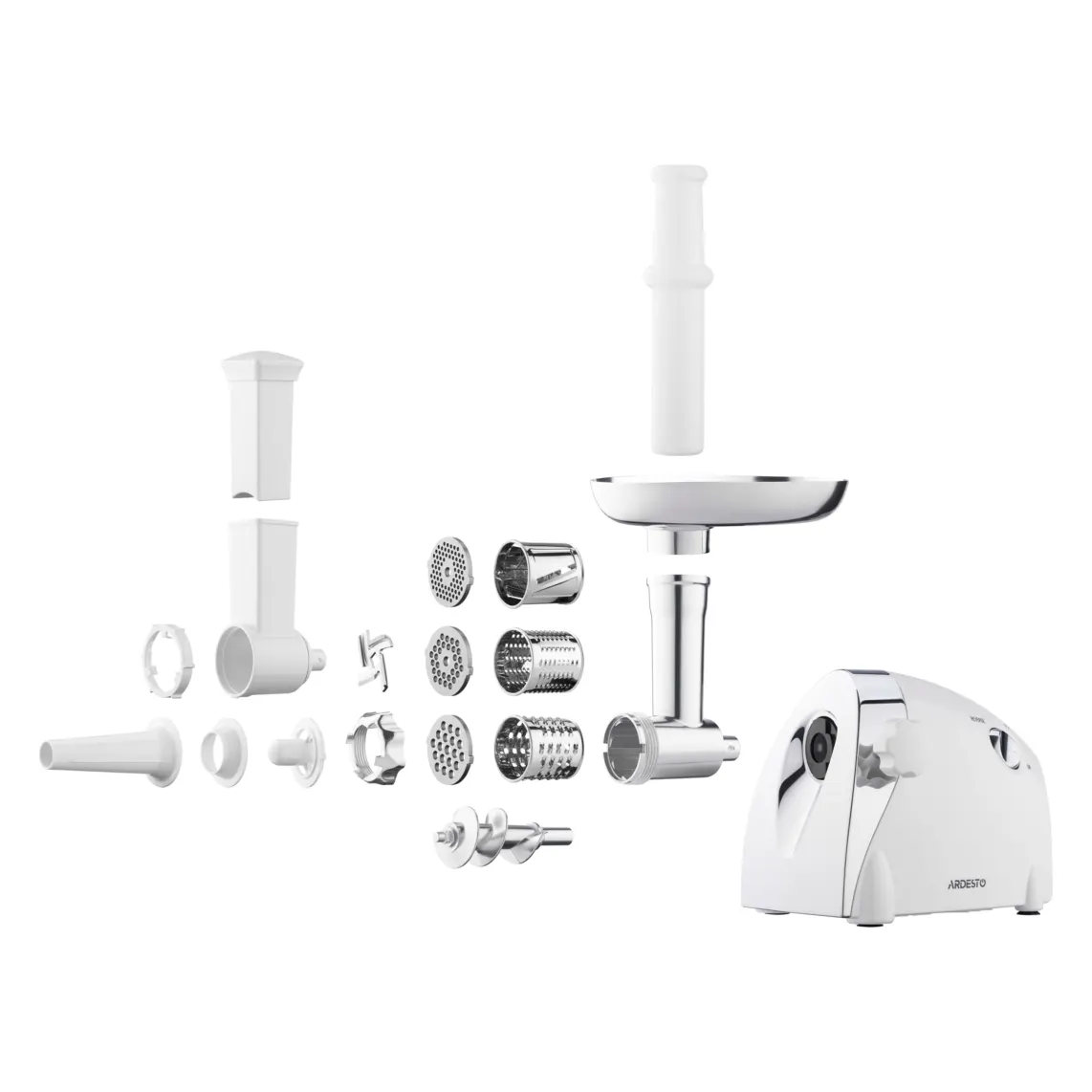 ხორცსაკეპი მანქანა Ardesto Meat grinder, 2000W, prod.-1.9kg/min, 3 cutting plates+for sausag.plates, 3 vegetable slicer, plastik, black-silver