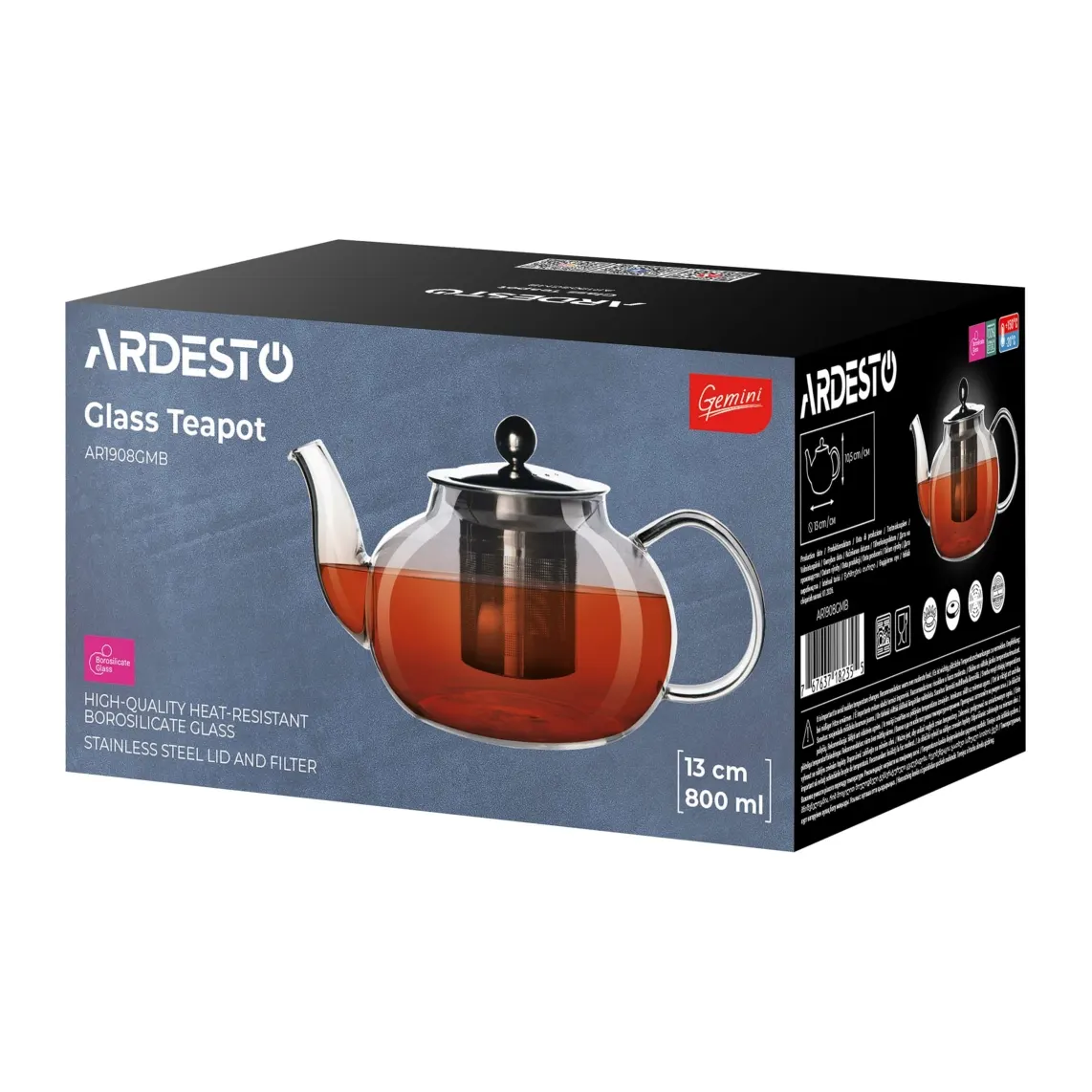 Teapot ARDESTO Gemini Roma 800ml, borosilicate glass, stainless steel, transparent