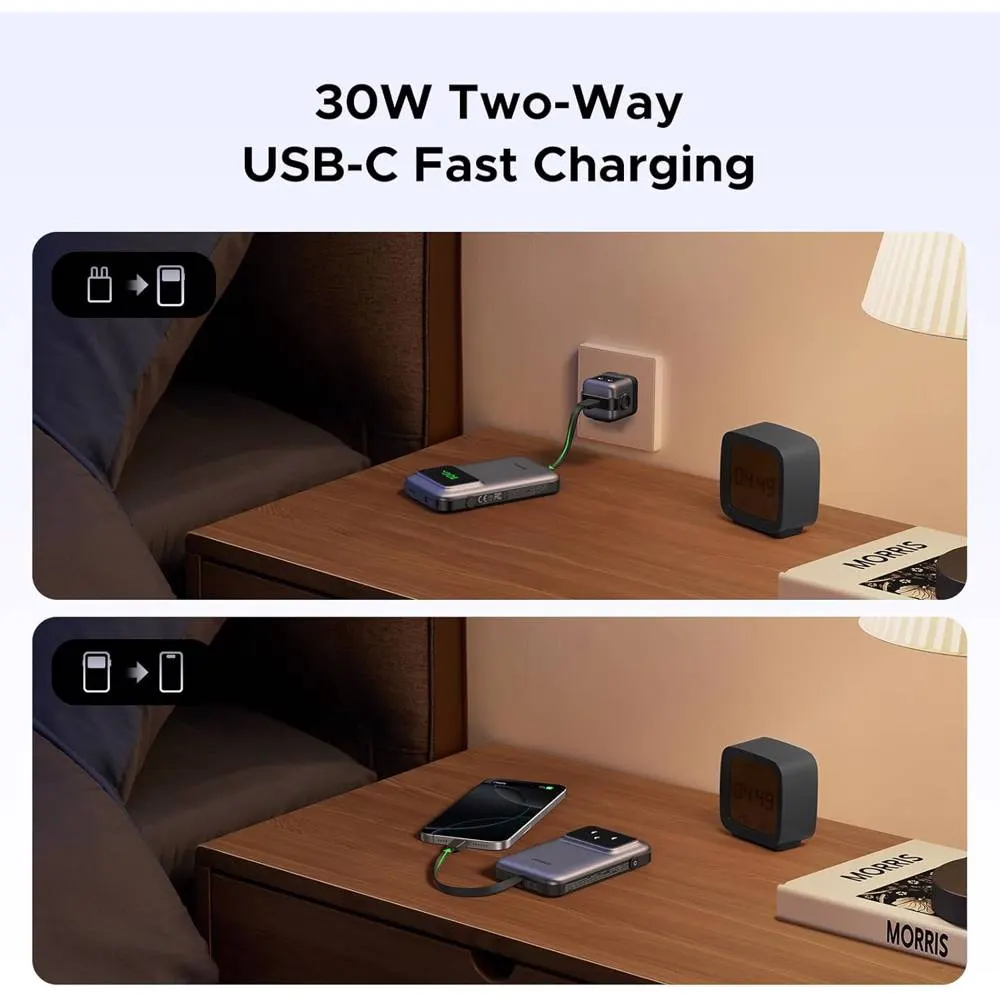 UGREEN PB511 (35603B) Uno, 10000mAh 30W, USB, Type-C, Power Bank With Built In Cable, Grey