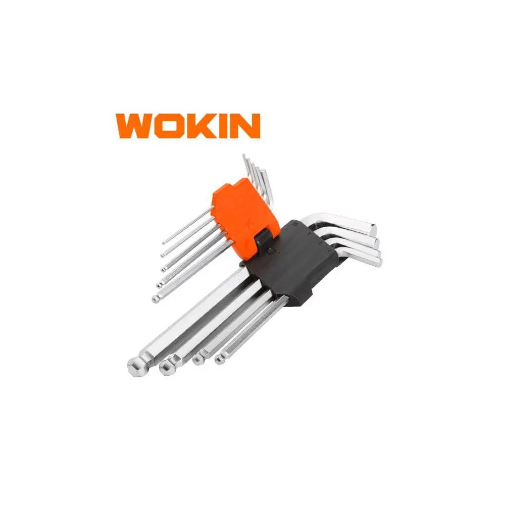 ექვსკუთხა სახრახნისის ნაკრები Wokin 207609, 9Pcs BALL POINT EXTRA-LONG ARM HEX KEY SET, Silver/Black