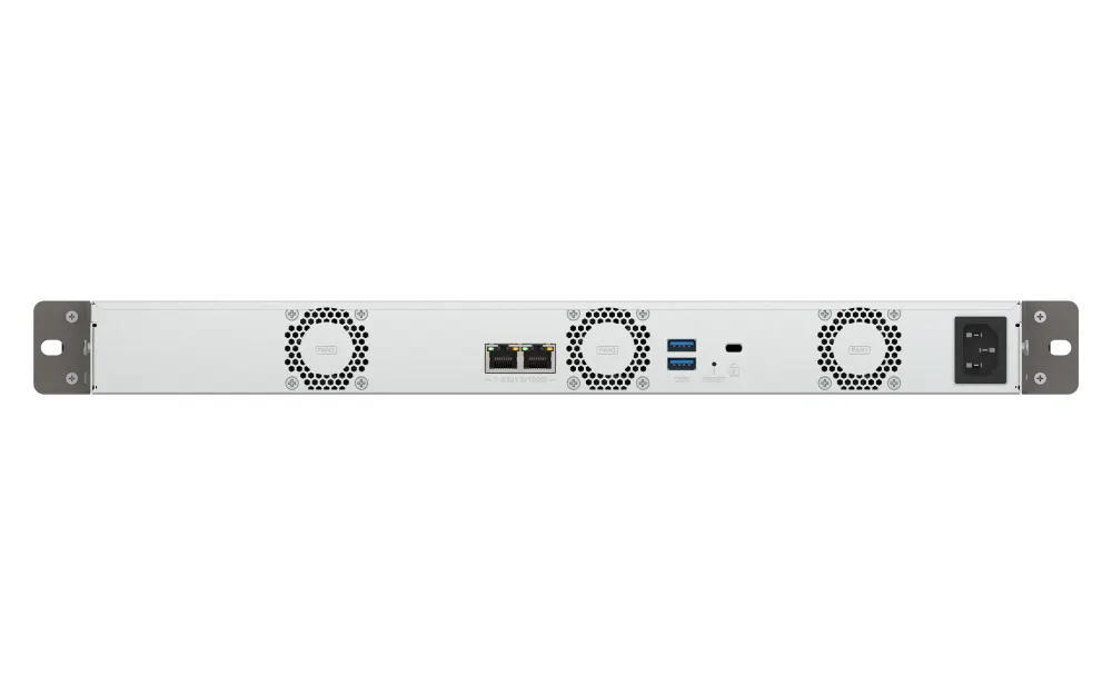 NAS სერვერი 4-Bay quad-core 2.0 GHz short-depth 1U rackmount NAS with 100W power supply, 4GB RAM (not expandable), SATA 6Gb/s, 2 x 2.5 GbE LAN, Container Station