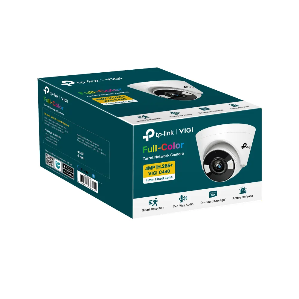 IP კამერა TP-Link VIGI C440 Full-Color Turret Network Camera - Indoor, 4MP, 2560 × 1440, 2.8mm Lens, 122° Diagonal Viewing Angle, Full-Color Night Vision, IR Cut Filter, RJ-45, PoE/12V DC, MicroSD card slot (up to 256GB), Two-Way Audio