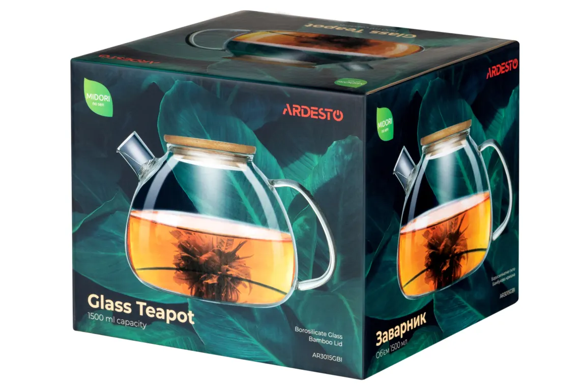 ჩაიდანი Ardesto Tea pot Midori, 1500 ml, borosilicate glass, bamboo