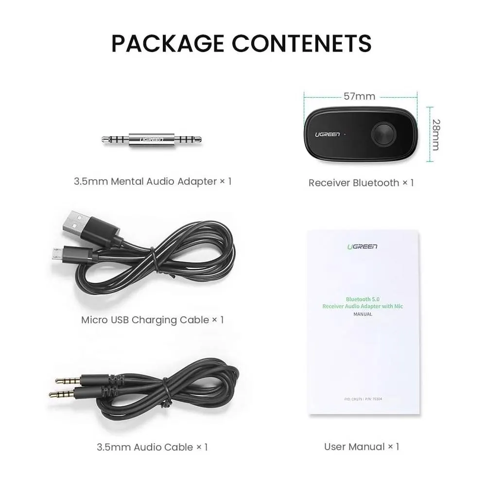 Bluetooth მიმღები UGREEN CM279 (70304), Bluetooth 5.0, AUX, Car Adapter, Black