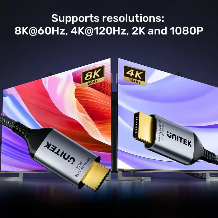 HDMI კაბელი V1610A, UNITEK, Cable, DisplayPort to HDMI Male Adapter Cable, 8K 60Hz 1.8M,.