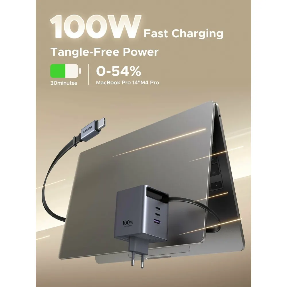 UGREEN X616 (65828), 100W, GaN Fast Charger with Retractable Cable, Grey