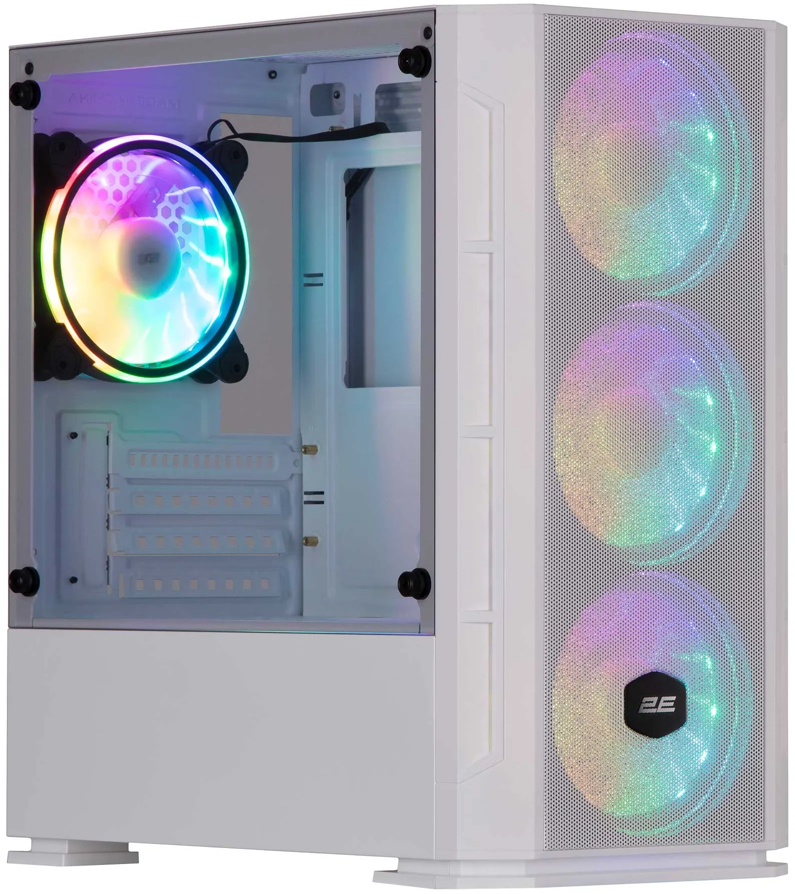 ქეისი 2E Gaming Computer case Calleo GB700W, without PSU, 2xUSB 3.0, 1xUSB 2.0, 4x120mm ARGB, controller with remote, TG Side Window, mATX, White