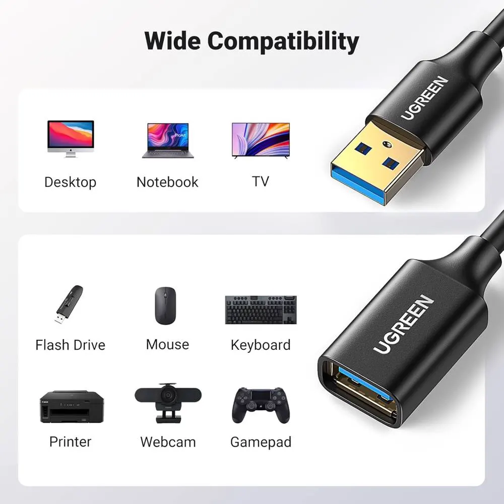 USB დამაგრძელებელი UGREEN US129 (90722), USB 3.0 Male to USB Female, Extension Male Cable, 5m, Black