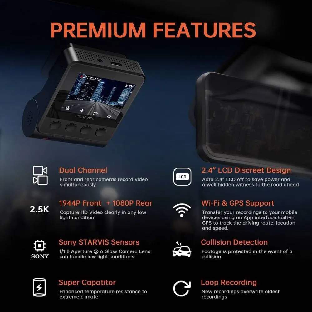 მანქანის ვიდეო რეგისტრატორი DDPAI Z40 GPS DUAL, 140°, WIFI, GPS, Front and Rear Cam, Car Video Recorder, Black