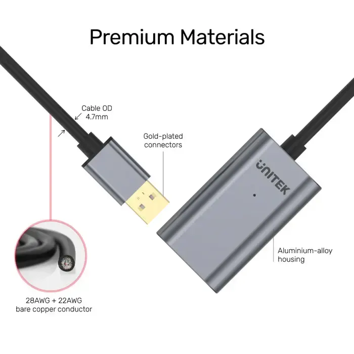 Y-272, UNITEK, 10M USB 2.0 Aluminum Extension Cable