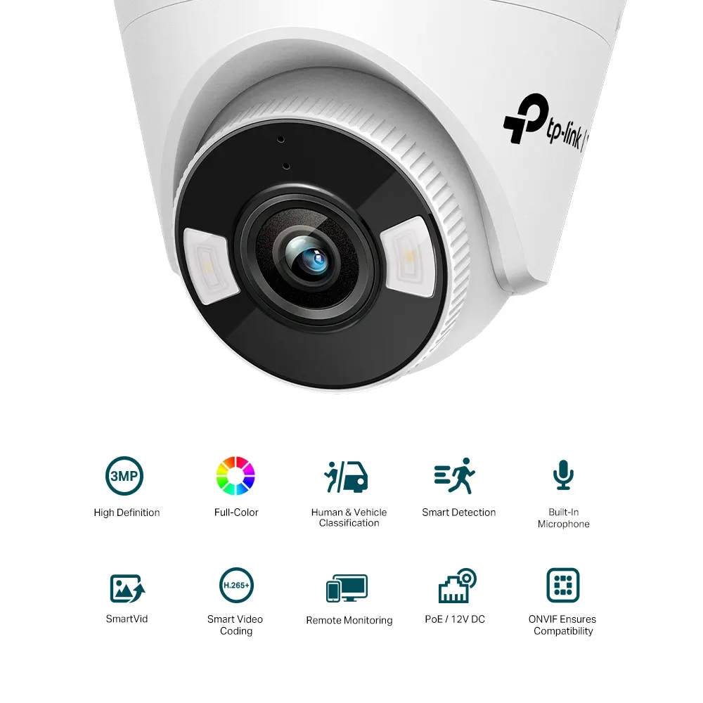TP-LINK VIGI C430 Full-Color Turret Network Camera - Indoor, 3MP, 2560 × 1440, 4mm Lens, 106.9° Diagonal Viewing Angle, Full-Color Night Vision, IR