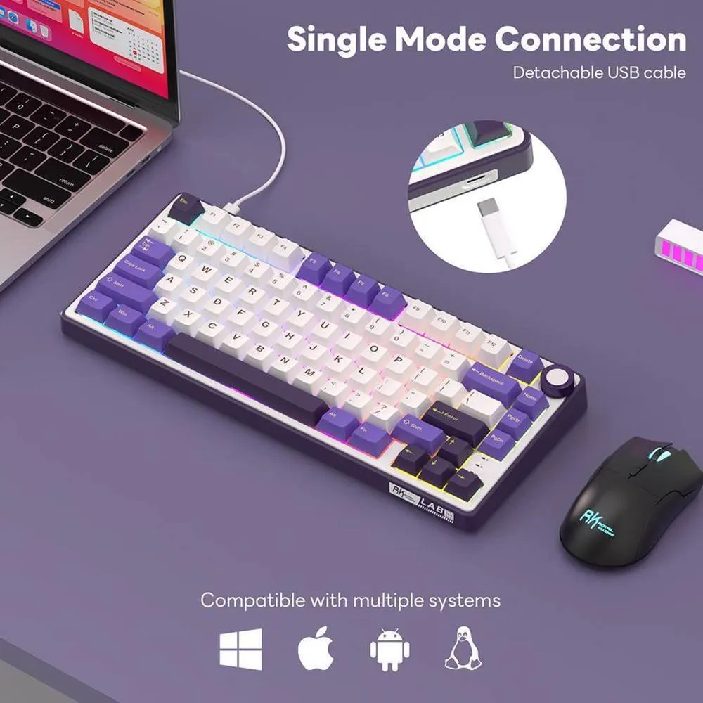 კლავიატურა Royal Kludge RK R75 RGB Mechanical Keyboard, Brown switch, Hot Swappable, Hot Swappable, Type-C wired, Blackberry