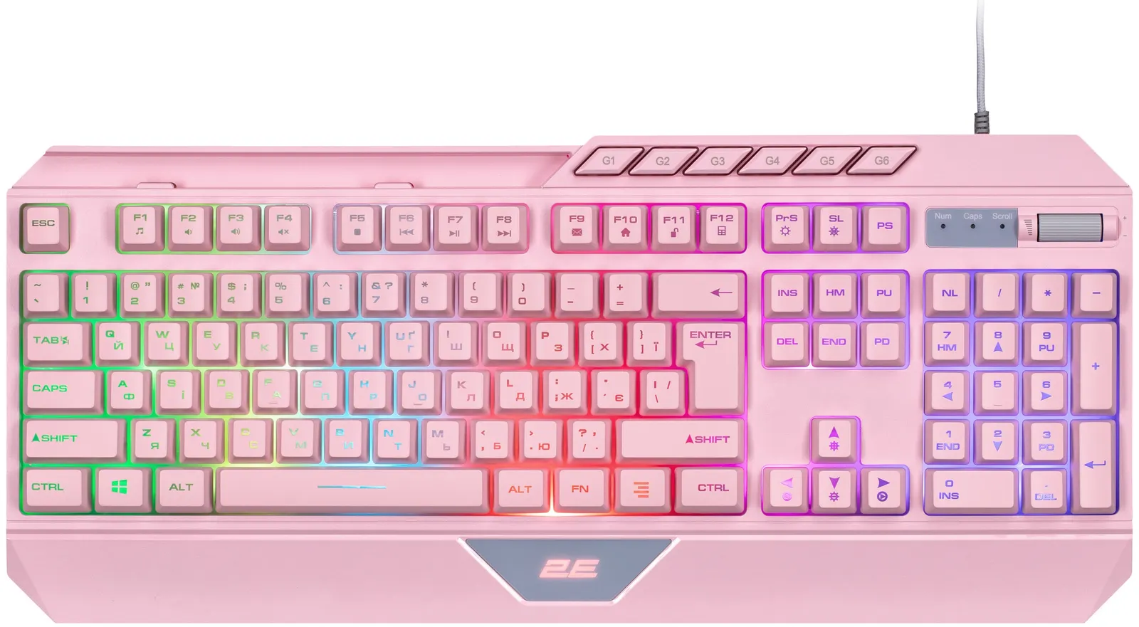 კლავიატურა 2E GAMING Membrane keyboard KG315 110key, USB-A, EN/UA, RGB, pink