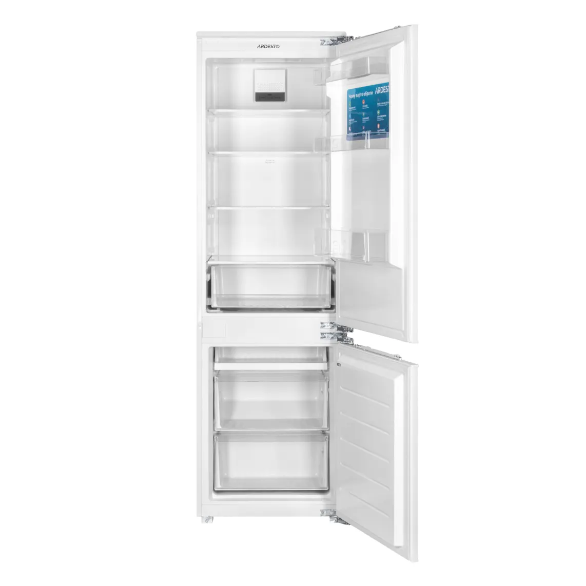 ჩასაშენებელი მაცივარი Ref ARDESTO built-in with bottom freezer, 177x54.5x54, ref-180L, freez.-68L, 2doors, A+, NF, door-on-door, white