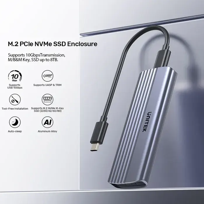 S1241B01, UNITEK, USB Adapter, USB-C 10Gbps to NVMe M.2 SSD Enclosure, up to 8TB, Space Grey.