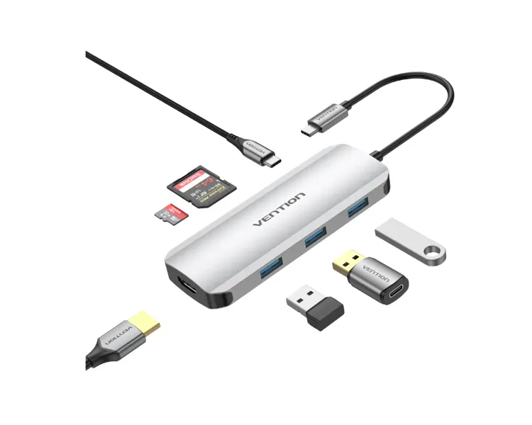 დოქ სადგური Vention TOJHB 7-in-1 USB-C 4K/30Hz Docking Station 5Gbps 100W PD 0.15m Gray Aluminum