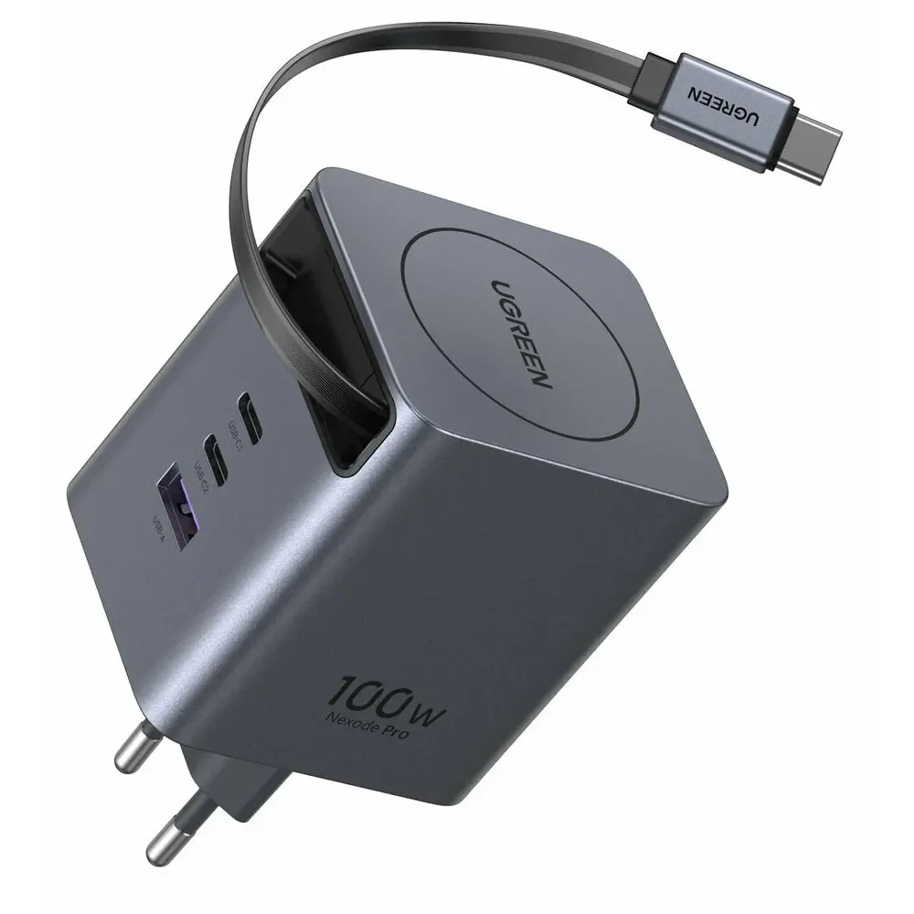 UGREEN X616 (65828), 100W, GaN Fast Charger with Retractable Cable, Grey