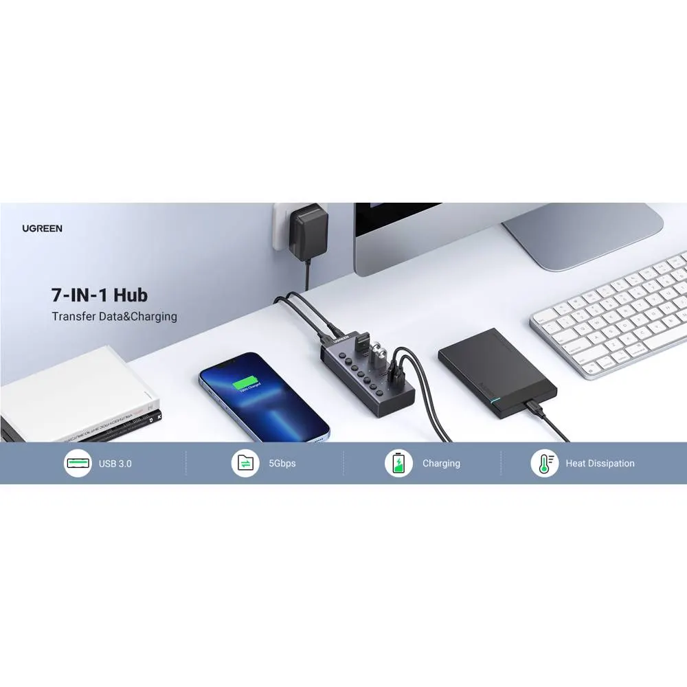 USB ჰაბი UGREEN CM481 (90307) USB 3.0 Hub With 7 Ports USB-A 12V 2A, Gray