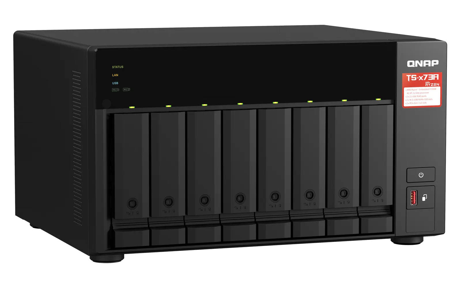 8-bay NAS, AMD Ryzen V1000 series V1500B 4C/8T 2.2GHz, 8GB DDR4 RAM (2 x SODIMM slots, max. 64GB, optional ECC RAM support), 8x SATA 6Gb/s bays, 2x M.