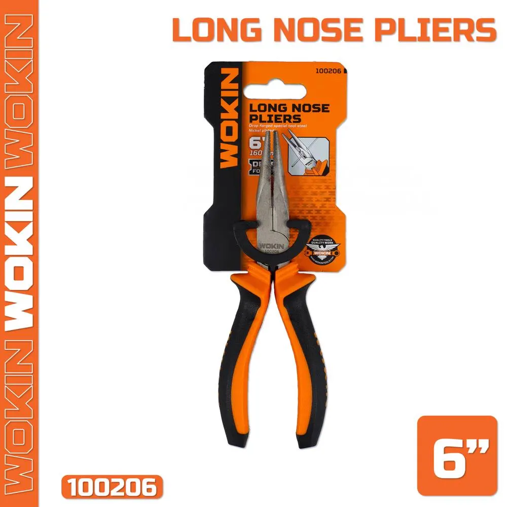 Long nose pliers with rubber handle Wokin 100206, 160MM, 6\", Long Nose Pliers, Black/Orange