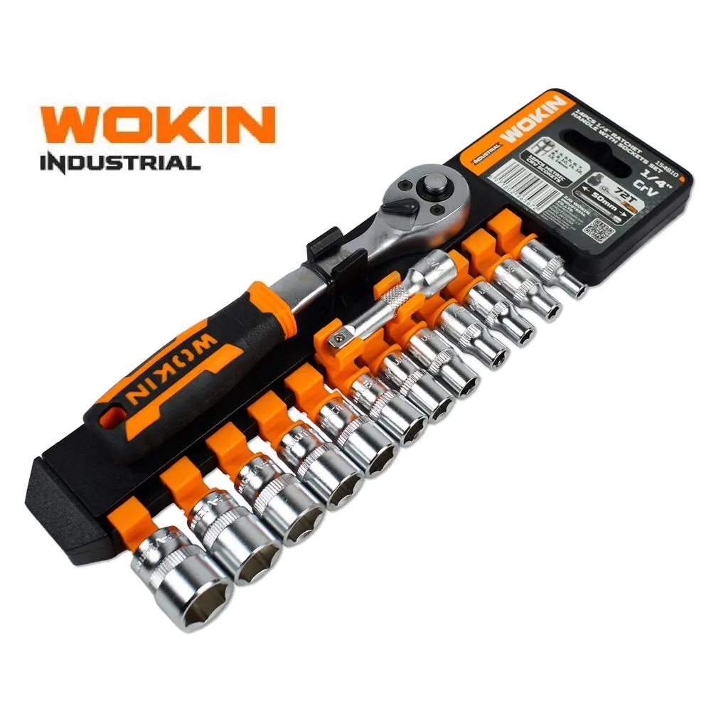 Wokin 154810, 1/4″, 14Pcs, Drive Ratchet Handle With Sockets Set (INDUSTRIAL), Silver