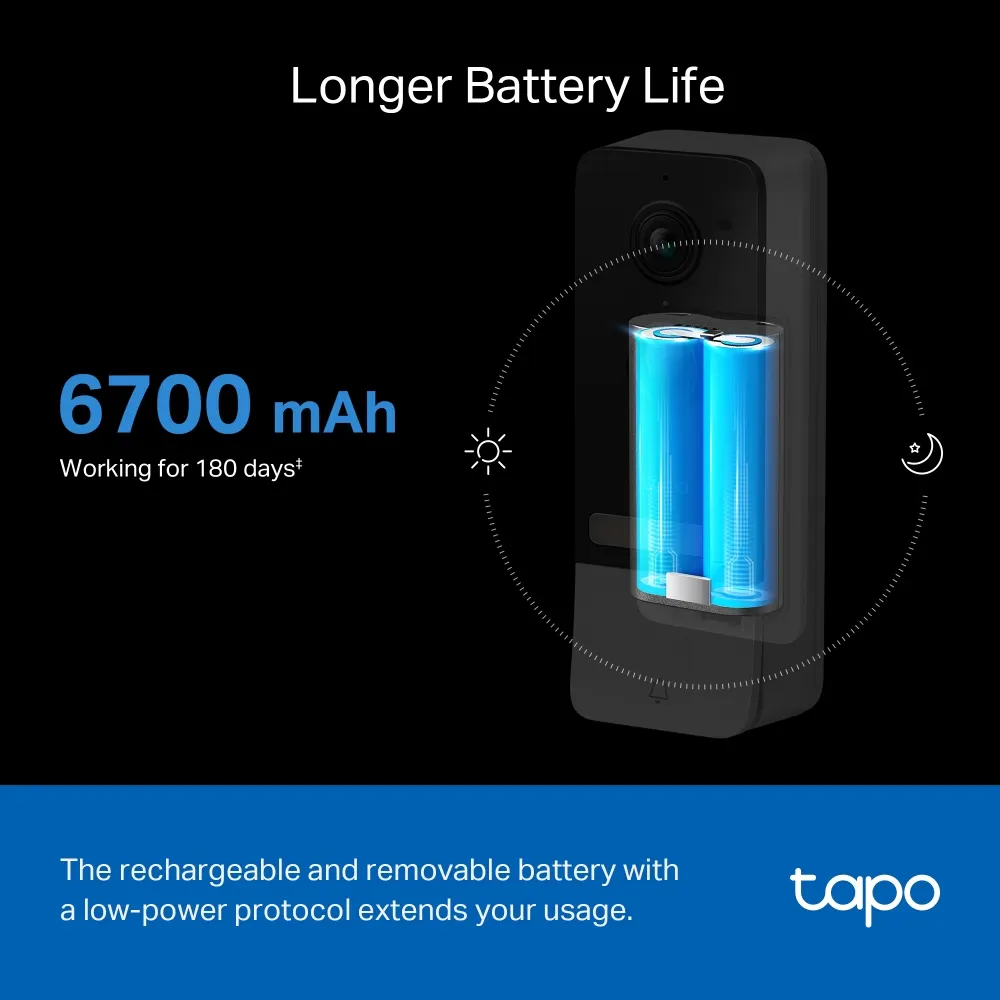 TP-Link Tapo D230S1 Video Doorbell - 2K 5MP (2560 × 1920), 180 Days Battery Life, SD-Card Slot On Hub (Up to 512GB), 160° Viewing Angle, IP64