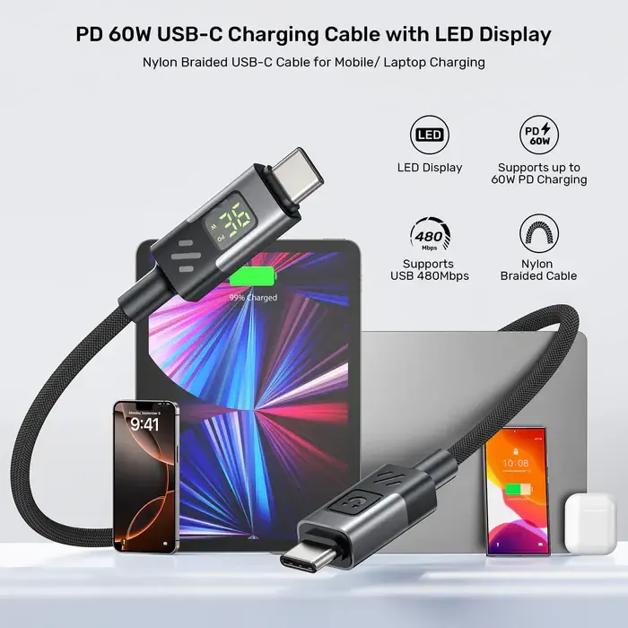 C14158ABK01-2M, UNITEK, Cable, 2M USB-C PD 60w charging, with LED Display, Nylon Braided, Black.