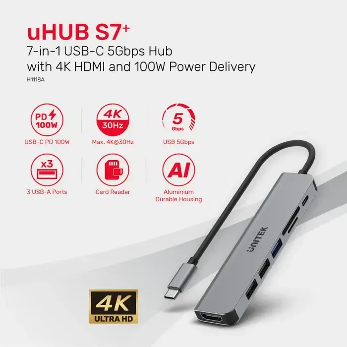H1118A, UNITEK, 7-in-1 USB-C 5Gbps Hub (USB3.0+2*USB2.0+SD/Micro SD Card Reader+HDMI+PD 100W), Space Grey